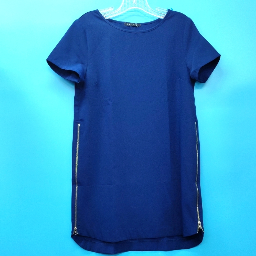 Blue Short Sleeve Dress with Zipper Accents